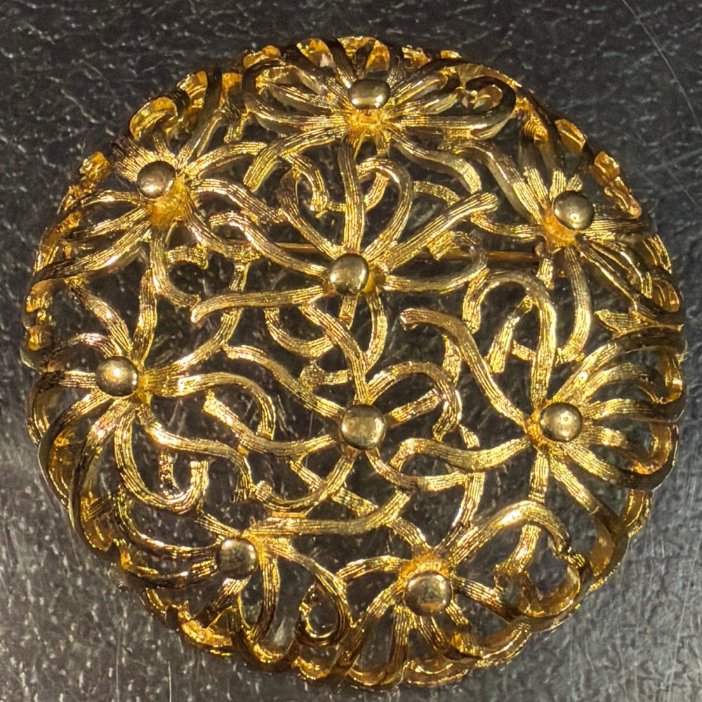 Monet Vintage Gold Tone Floral Openwork Dome Brooch Pin Textured Filigree 2"